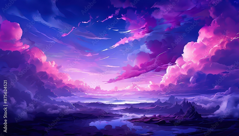 The image portrays a breathtaking view of a landscape, captured from a high vantage point The sky, awash with hues of purple and pink, is adorned with clouds that mirror the same vibrant tones The image portrays a breathtaking view of a landscape, captured from a high vantage point The sky, awash with hues of purple and pink, is adorned with clouds that mirror the same vibrant tones