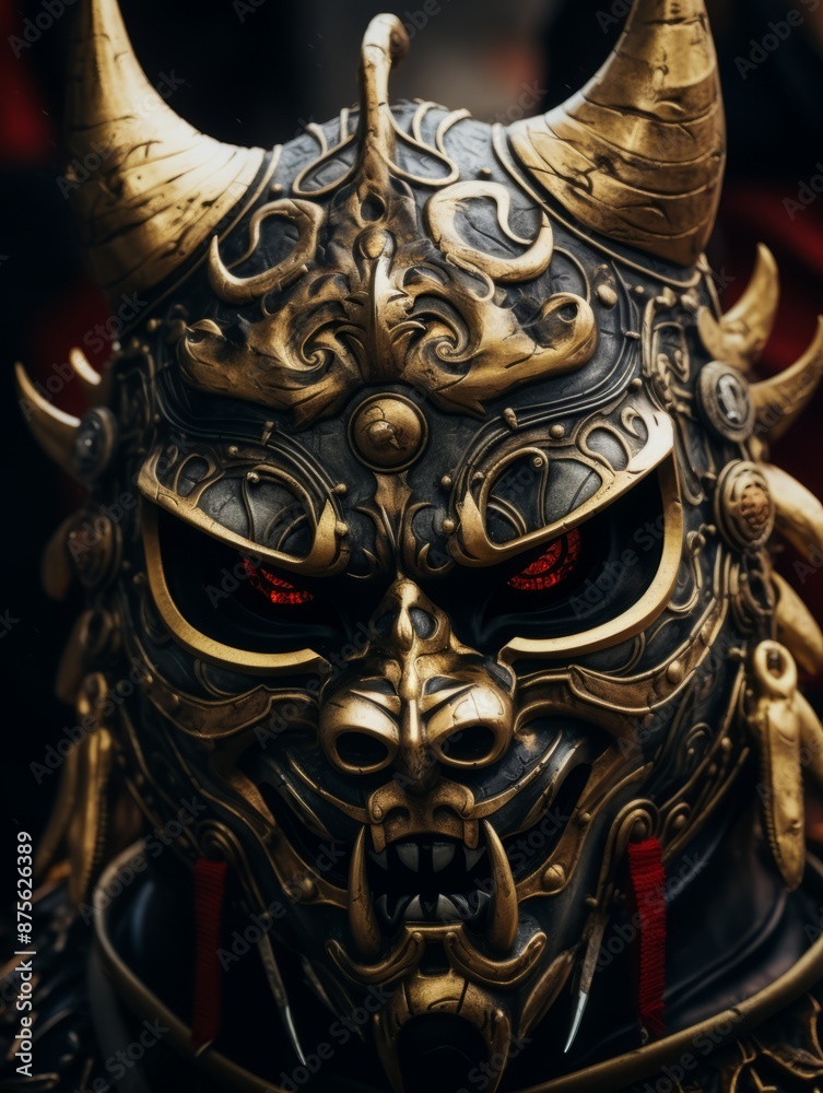 Fototapeta premium an asian demon mask with horns and red eyes