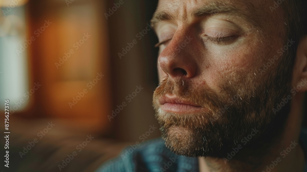 Lonely and depressed adult man with eyes closed at home generative ai Lonely and depressed adult man with eyes closed at home generative ai