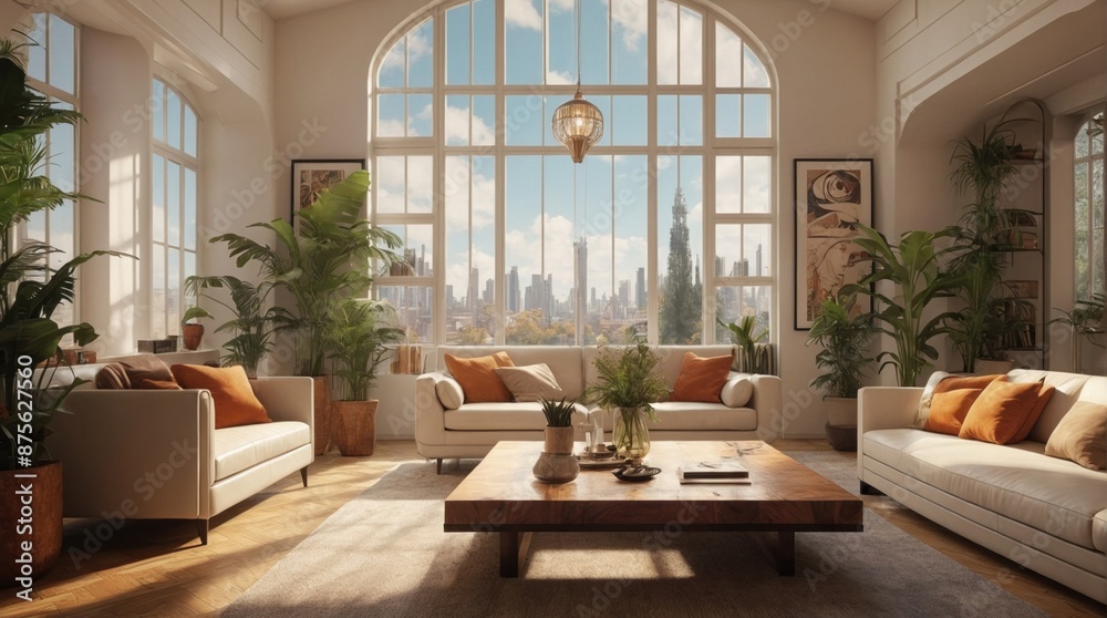 Fototapeta premium Beautiful modern living room, electric with plant elements