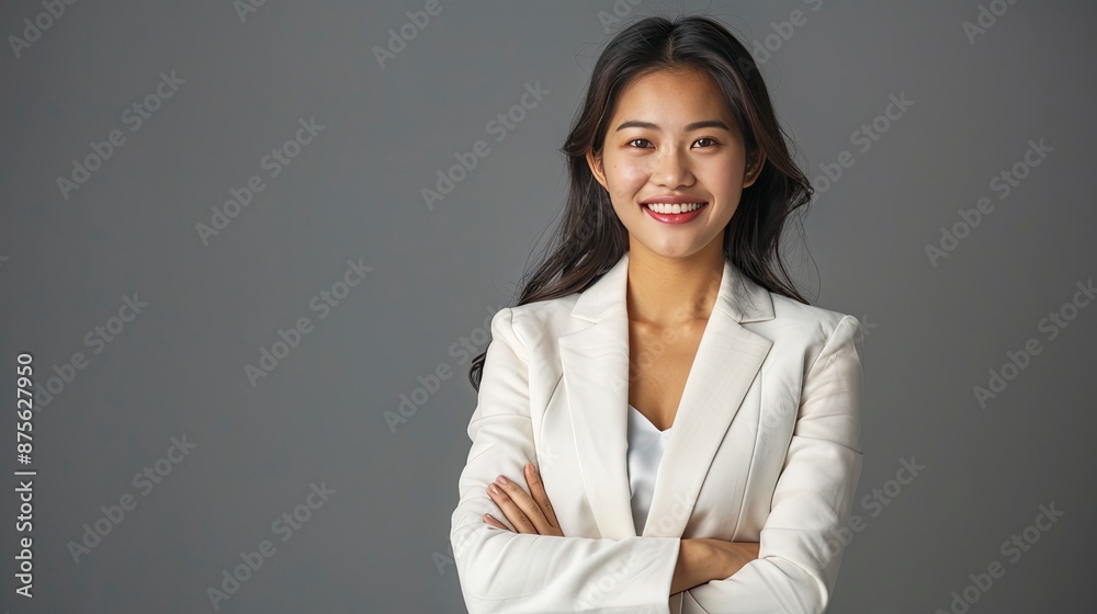 Asian female executive with beatiful hair She smiled brightly and confidently stood with her arms crossed. She wore a white suit. and stand to take pictures with a gray - generative ai Asian female executive with beatiful hair She smiled brightly and confidently stood with her arms crossed. She wore a white suit. and stand to take pictures with a gray - generative ai