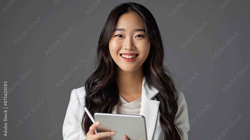 Asian male executive with beatiful hair She smiled brightly and confidently stood with her arms crossed. She wore a white suit. and stand to take pictures with a gray scene - generative ai Asian male executive with beatiful hair She smiled brightly and confidently stood with her arms crossed. She wore a white suit. and stand to take pictures with a gray scene - generative ai