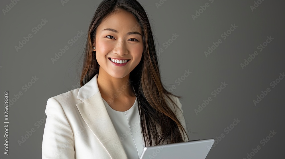 Asian male executive with beatiful hair She smiled brightly and confidently stood with her arms crossed. She wore a white suit. and stand to take pictures with a gray scene - generative ai Asian male executive with beatiful hair She smiled brightly and confidently stood with her arms crossed. She wore a white suit. and stand to take pictures with a gray scene - generative ai