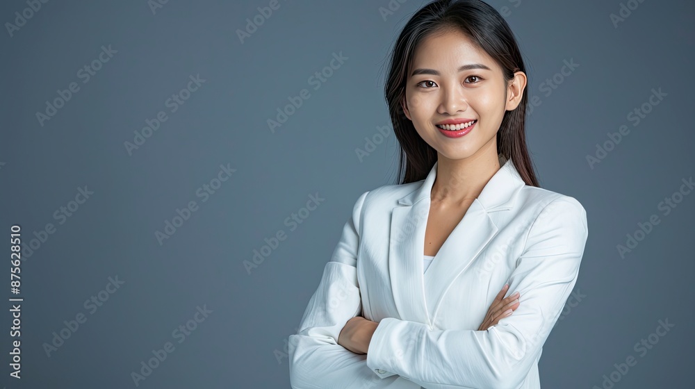 Asian male executive with beatiful hair She smiled brightly and confidently stood with her arms crossed. She wore a white suit. and stand to take pictures with a gray scene - generative ai Asian male executive with beatiful hair She smiled brightly and confidently stood with her arms crossed. She wore a white suit. and stand to take pictures with a gray scene - generative ai