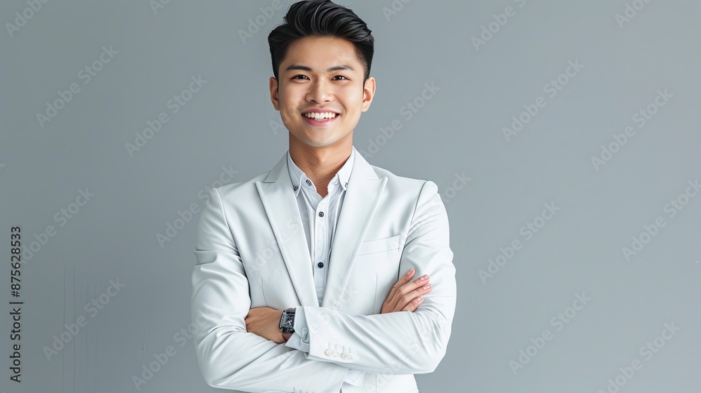 Asian male executive with beatiful hair She smiled brightly and confidently stood with her arms crossed. She wore a white suit. and stand to take pictures with a gray scene - generative ai Asian male executive with beatiful hair She smiled brightly and confidently stood with her arms crossed. She wore a white suit. and stand to take pictures with a gray scene - generative ai