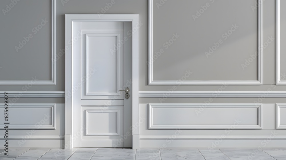 White Door in Modern Interior with Grey Walls and Decorative Moldings. White Door in Modern Interior with Grey Walls and Decorative Moldings.