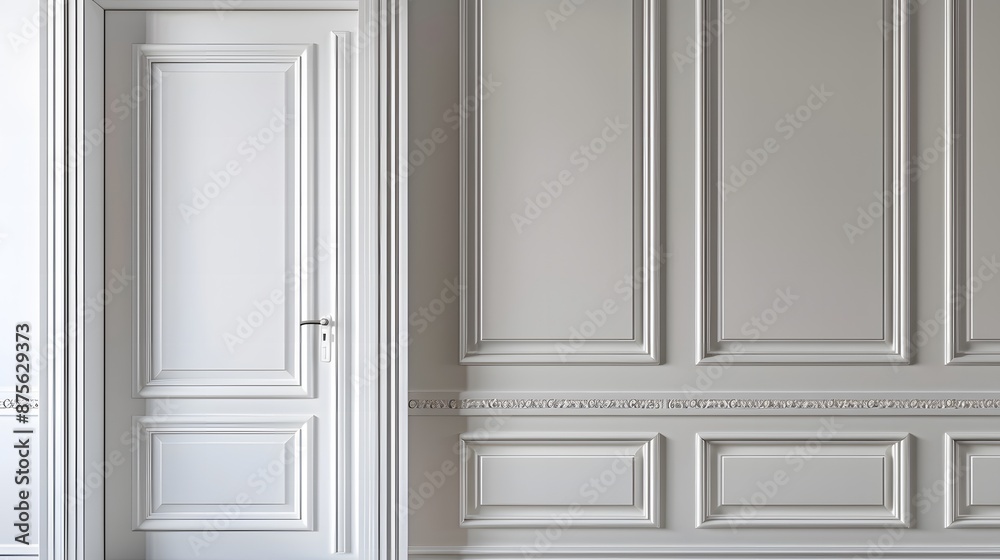 White door and paneling with decorative trim. White door and paneling with decorative trim.