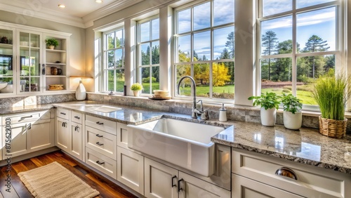 Modern farmhouse kitchen features crisp white apron sink flanked by chrome faucet and polished granite countertops amidst bright windows.