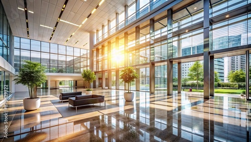 Modern architectural interior with sunlight pouring through floor-to-ceiling windows of a sleek corporate office building's empty lobby. © DigitalArt Max