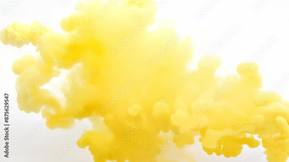 Brilliant yellow powder erupts chaotically against pure white. Billowing clouds of sunny pigment create intricate patterns, showcasing dynamic motion and energy in a striking color contrast.	
