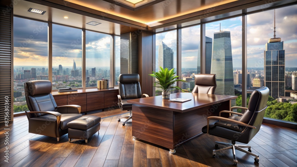 Fototapeta premium Modern sleek dark-wood executive office with floor-to-ceiling windows overlooking city skyline featuring luxurious black leather chairs.