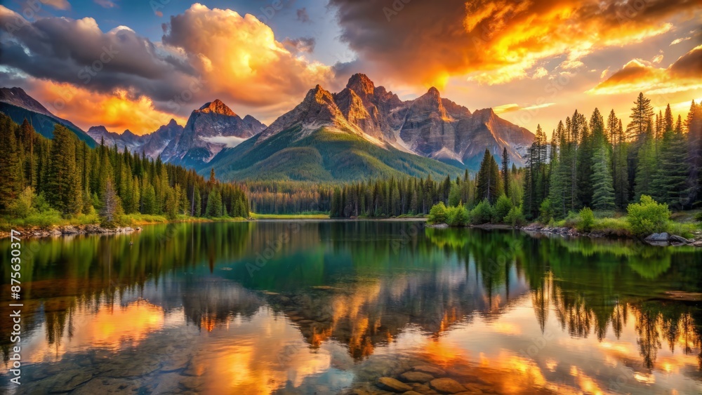 Golden hour landscape featuring rugged mountain peaks, serene lake waters, and lush greenery under a vibrant orange sky. Golden hour landscape featuring rugged mountain peaks, serene lake waters, and lush greenery under a vibrant orange sky.