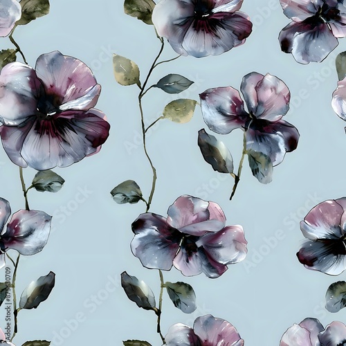 Traditional Blue Watercolor Style Flower Fabric Design