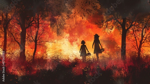 Silhouetted children holding pumpkins walking through a forest, capturing an eerie and magical atmosphere.