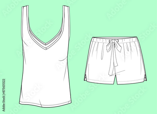 ladies nightwear tank top and shorts flat sketch vector.