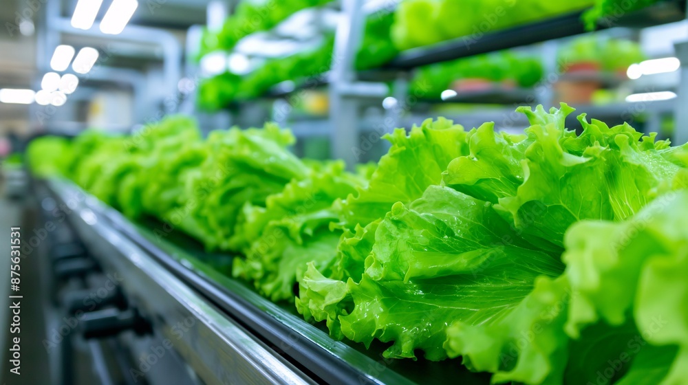 Fresh green lettuce on a conveyor belt in a modern industrial setting. Fresh green lettuce on a conveyor belt in a modern industrial setting.