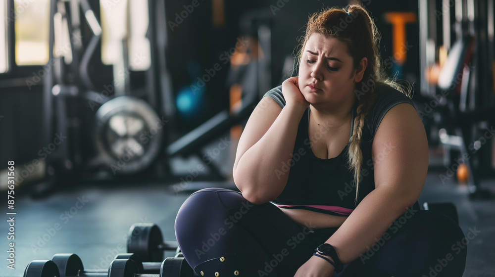 Photograph of a mildly overweight beautiful woman, in gym, wearing exercise clothes, sitting on weights, frustrated, tired, looking at the floor Photograph of a mildly overweight beautiful woman, in gym, wearing exercise clothes, sitting on weights, frustrated, tired, looking at the floor