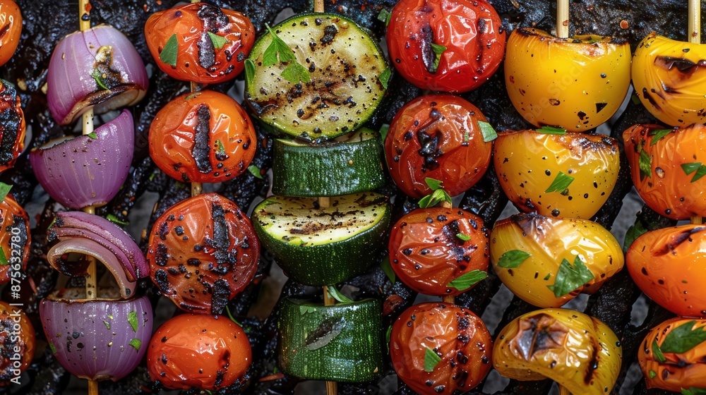 Detailed shot of grilled vegetables on a skewer, vibrant colors and char marks highlighting freshness and flavor Detailed shot of grilled vegetables on a skewer, vibrant colors and char marks highlighting freshness and flavor