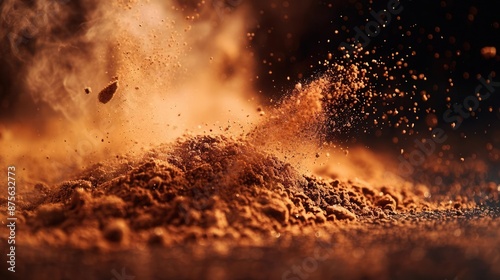 Cocoa and sugar particles explode in motion, creating a sense of dynamism and energy. photo