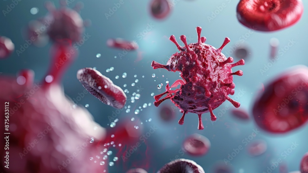 A close-up of a red blood cell being attacked by a virus, showcasing the battle between the body's defenses and microscopic invaders A close-up of a red blood cell being attacked by a virus, showcasing the battle between the body's defenses and microscopic invaders