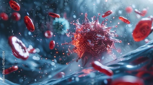 A close-up of a red blood cell being attacked by a virus, showcasing the battle between the body's defenses and microscopic invaders