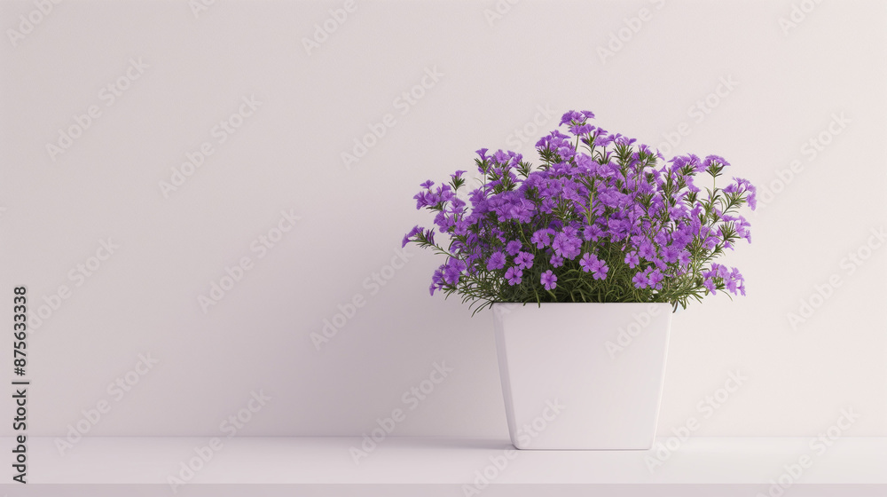 Fototapeta premium a product photoshoot of a unique exotic Sumire Violet bouquet placed in white square pot, minimalistic japanese look, completely white background with slight shadow of the pot on the tabletop