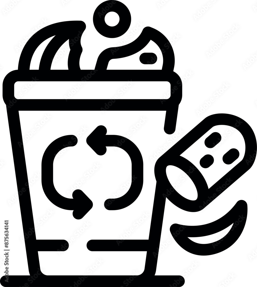 Line icon of a recycling bin with organic waste inside, promoting responsible disposal and environmental awareness Line icon of a recycling bin with organic waste inside, promoting responsible disposal and environmental awareness