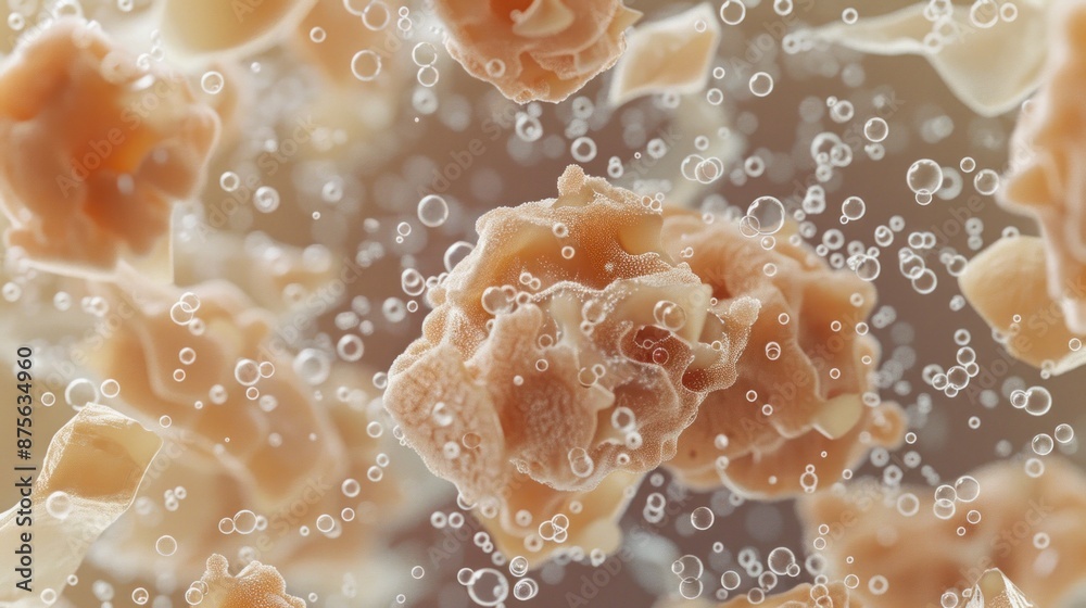 A microscopic view of nanoclay particles embedded within a food packaging material, creating an impermeable barrier against moisture and gas penetration. A microscopic view of nanoclay particles embedded within a food packaging material, creating an impermeable barrier against moisture and gas penetration.