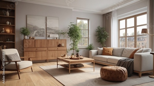 Large living room in vintage style, minimalist grey