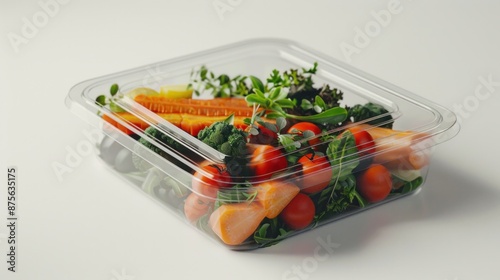 A photorealistic depiction of a nanotechnology-enhanced food packaging that can biodegrade completely after use, minimizing environmental impact. photo