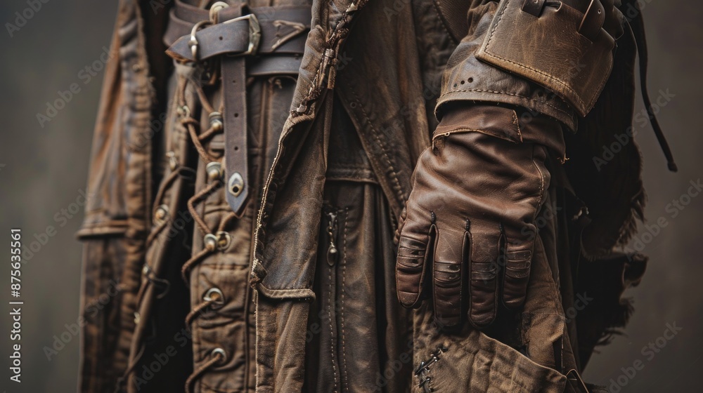 Fototapeta premium A rugged adventurer's attire, featuring a worn leather robe and gloves, suitable for exploring dungeons or battling dragons.
