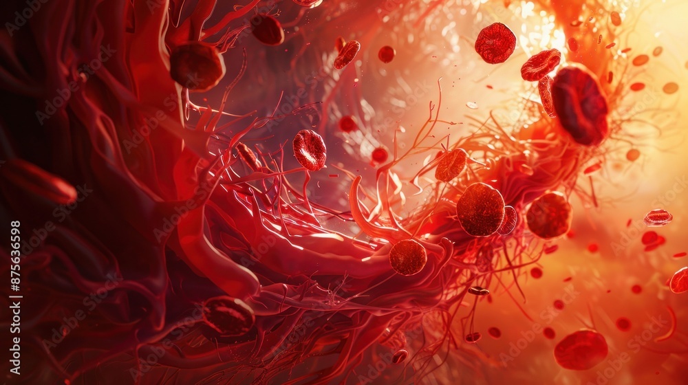 A surreal image of red blood cells flowing through a capillary, with the cells morphing and transforming in unexpected ways. A surreal image of red blood cells flowing through a capillary, with the cells morphing and transforming in unexpected ways.
