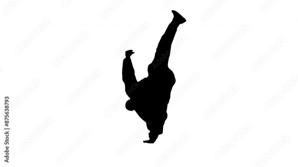 Black silhouette of B boy dancing break dance on white background. Black and white for compositing and presentation. Alpha matte isolated.
