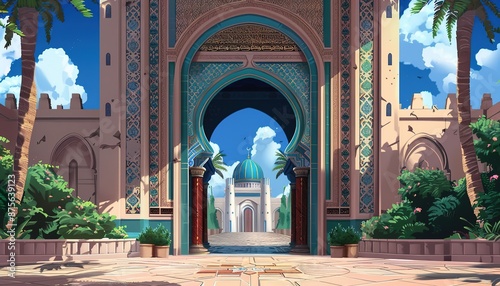 entrance to the mosque, cartoon anime style