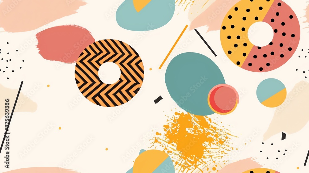 Colorful abstract geometric pattern with circles, dots, and lines in pastel and bold colors on a light background.
