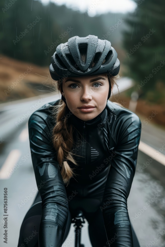 A close-up of a female rider on the road A close-up of a female rider on the road