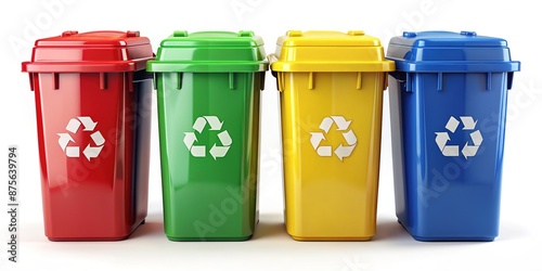 Color-coded bins for efficient waste recycling management: green for biodegradable, blue for general, red for hazardous, and yellow for recyclable waste, awaiting sorting and processing. © Adisorn