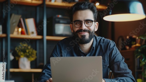 Modern Office: Portrait of Stylish Hispanic Businessman Works on Laptop, Does Data Analysis and Creative Designer, Looks at Camera and Smiles. Digital Entrepreneur Works - generative ai