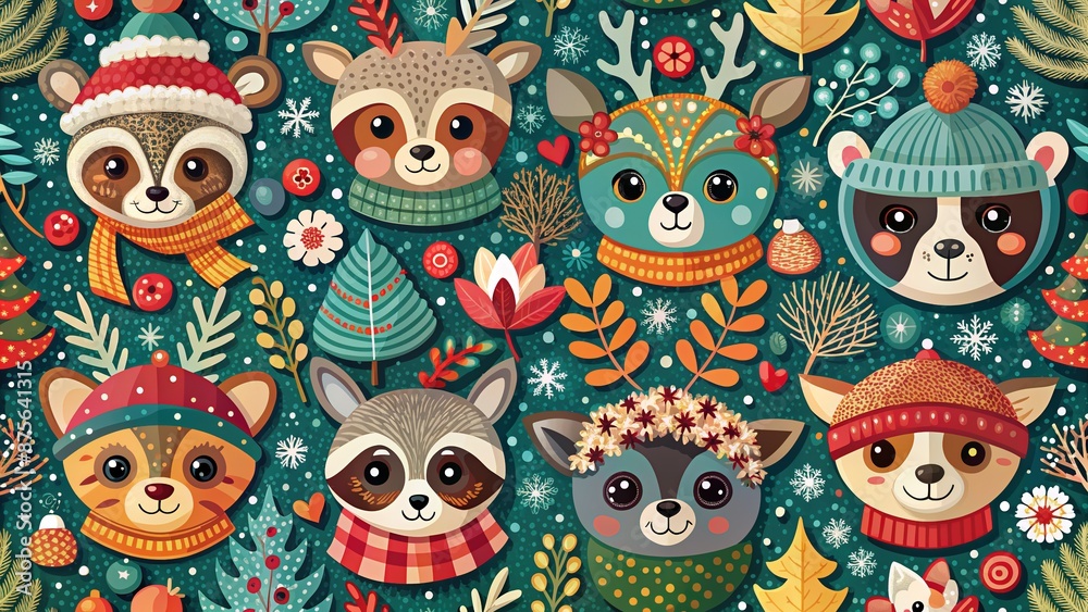 Fototapeta premium Whimsical winter holiday seamless pattern featuring adorable forest animals in cozy scarves and hats, set against a vibrant, colorful background with playful raccoon, bear, fox, deer, and hare heads.