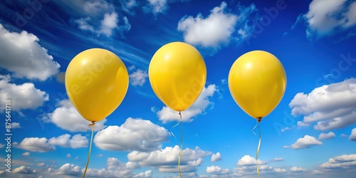 Three bright yellow balloons floating high in a clear blue sky against a subtle gradient of soft white clouds, symbolizing celebration and joy. photo