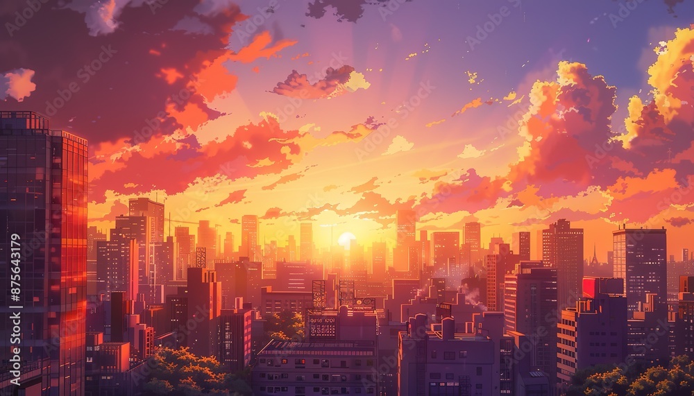 Obraz premium sunset in the city scene, cartoon anime style
