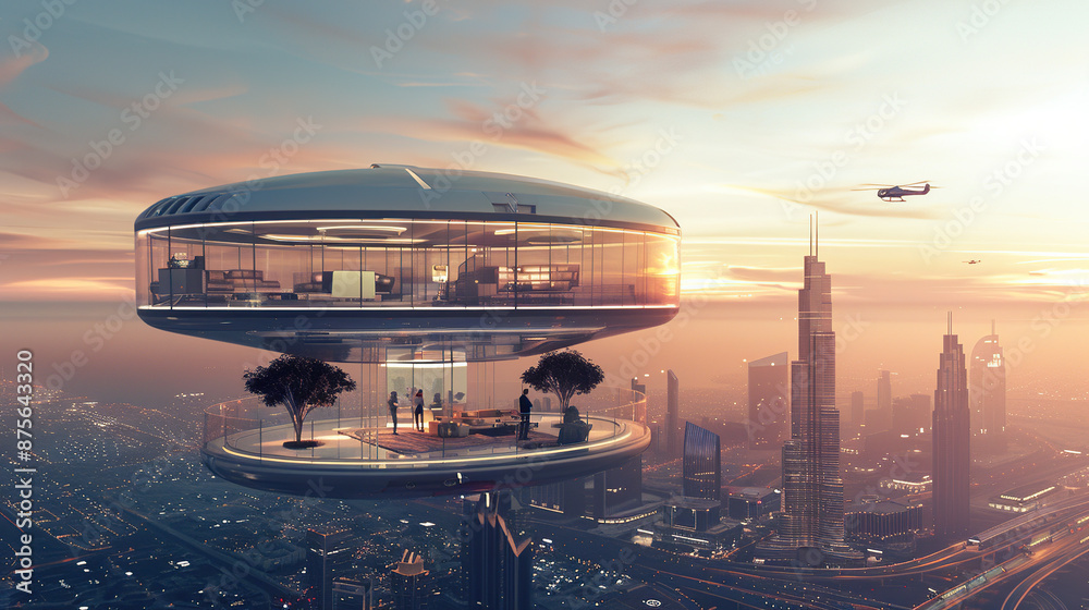 futuristic flying saucer home, hovering above cityscape