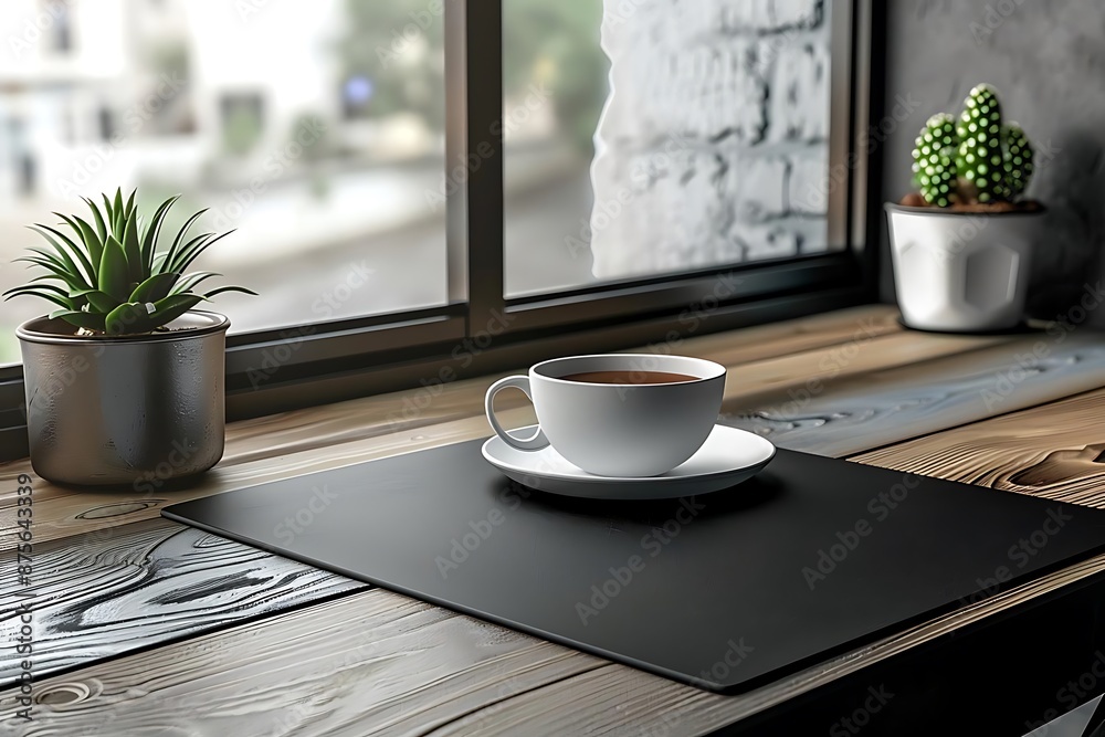3D Render of Coffee Cup on a Wooden Table with a Black Mat 3D Render of Coffee Cup on a Wooden Table with a Black Mat