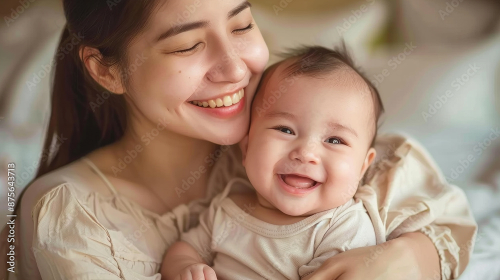 A woman is holding a baby and smiling. Scene is happy and loving A woman is holding a baby and smiling. Scene is happy and loving