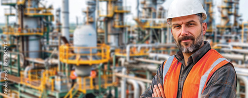 A man in an orange safety vest stands in front of a large industrial plant. He is wearing a hard hat and he is a worker at the plant