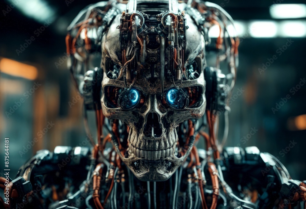 robot creature mechanical symmetrical cables body terrible future close portrait cyborg skull connected background from mechanisms scary scarey face symmetric wire mechanic character robot creature mechanical symmetrical cables body terrible future close portrait cyborg skull connected background from mechanisms scary scarey face symmetric wire mechanic character