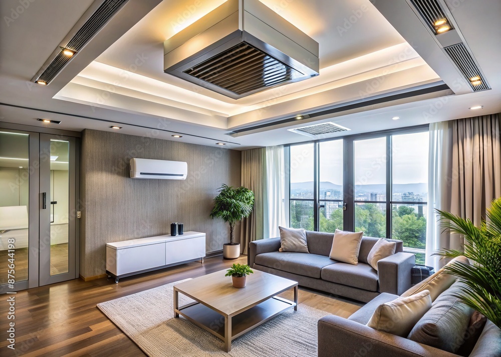 Modern interior room featuring a sleek duct air conditioner mounted on the ceiling alongside a stylish lamp, exuding a sense of comfort and contemporary home decor. Modern interior room featuring a sleek duct air conditioner mounted on the ceiling alongside a stylish lamp, exuding a sense of comfort and contemporary home decor.