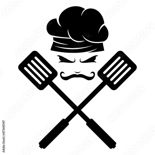 Black spatula crossed with chef hat vector editable EPS format,isolated on white background,suitable for icons,logos,symbols,signs,emblems,badges etc.Illustration of chef,restaurant,kitchen etc.