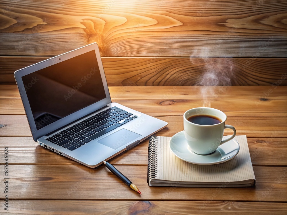 Minimalist wooden desk with a steaming cup of coffee, a laptop, notebook, and pencil, surrounded by empty space, perfect for adding text or graphics. Minimalist wooden desk with a steaming cup of coffee, a laptop, notebook, and pencil, surrounded by empty space, perfect for adding text or graphics.
