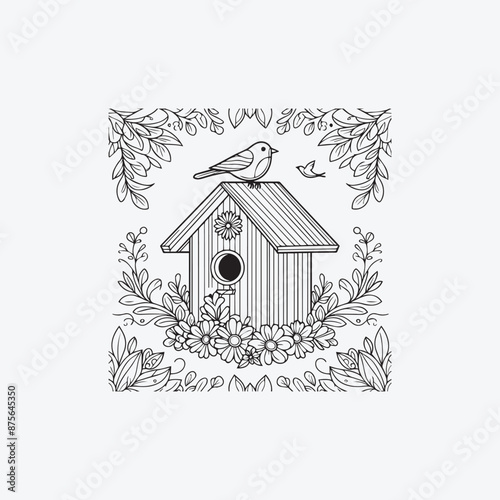 Bird House Spring Coloring Page for Adults  A bird should be standing on top of the birdhouse Coloring Page Kid's coloring book